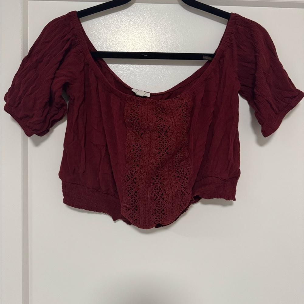 Red Cropped Blouse with Lace Detail